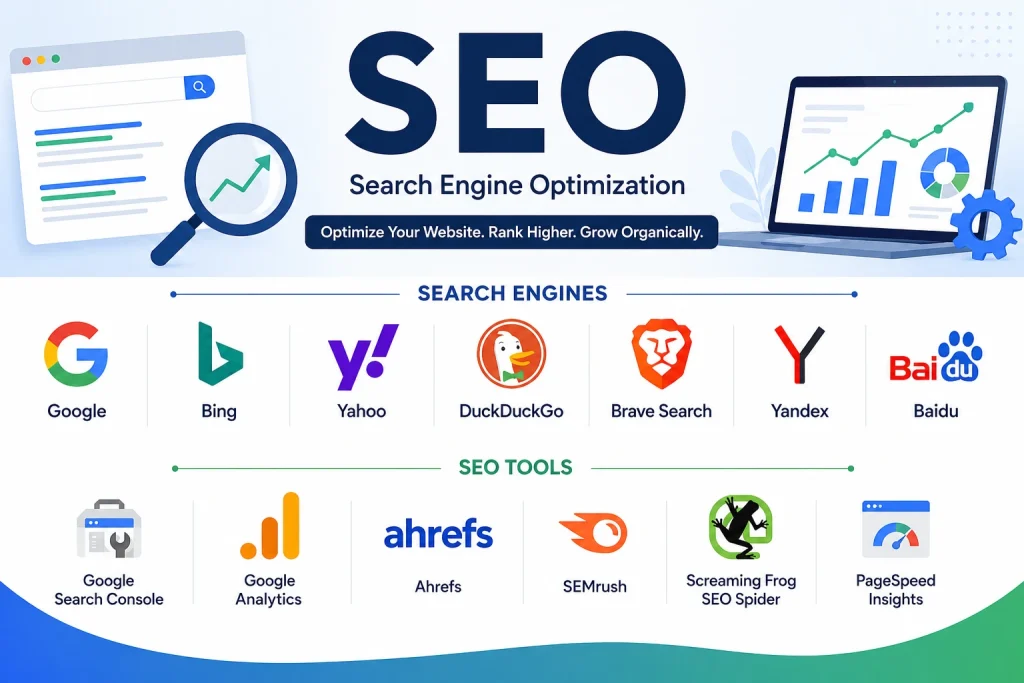SEO infographic showing major search engines and popular SEO tools.